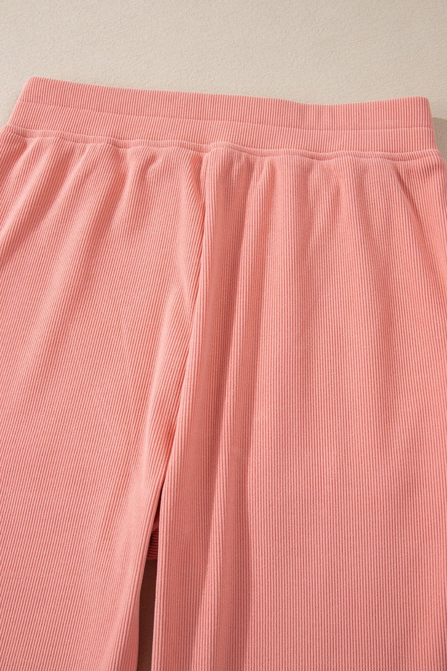 Pink ribbed wide leg pants with elastic waistband