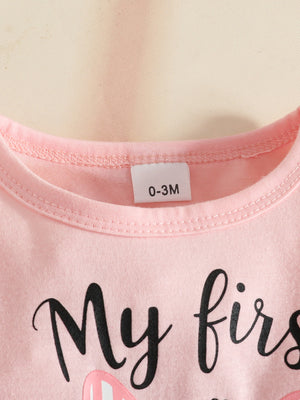 Pink baby set with "My first" text and bunny graphic, size 0-3M