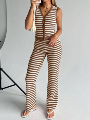 Khaki striped knit two-piece set with buttoned V-neck sleeveless top and flared pants.