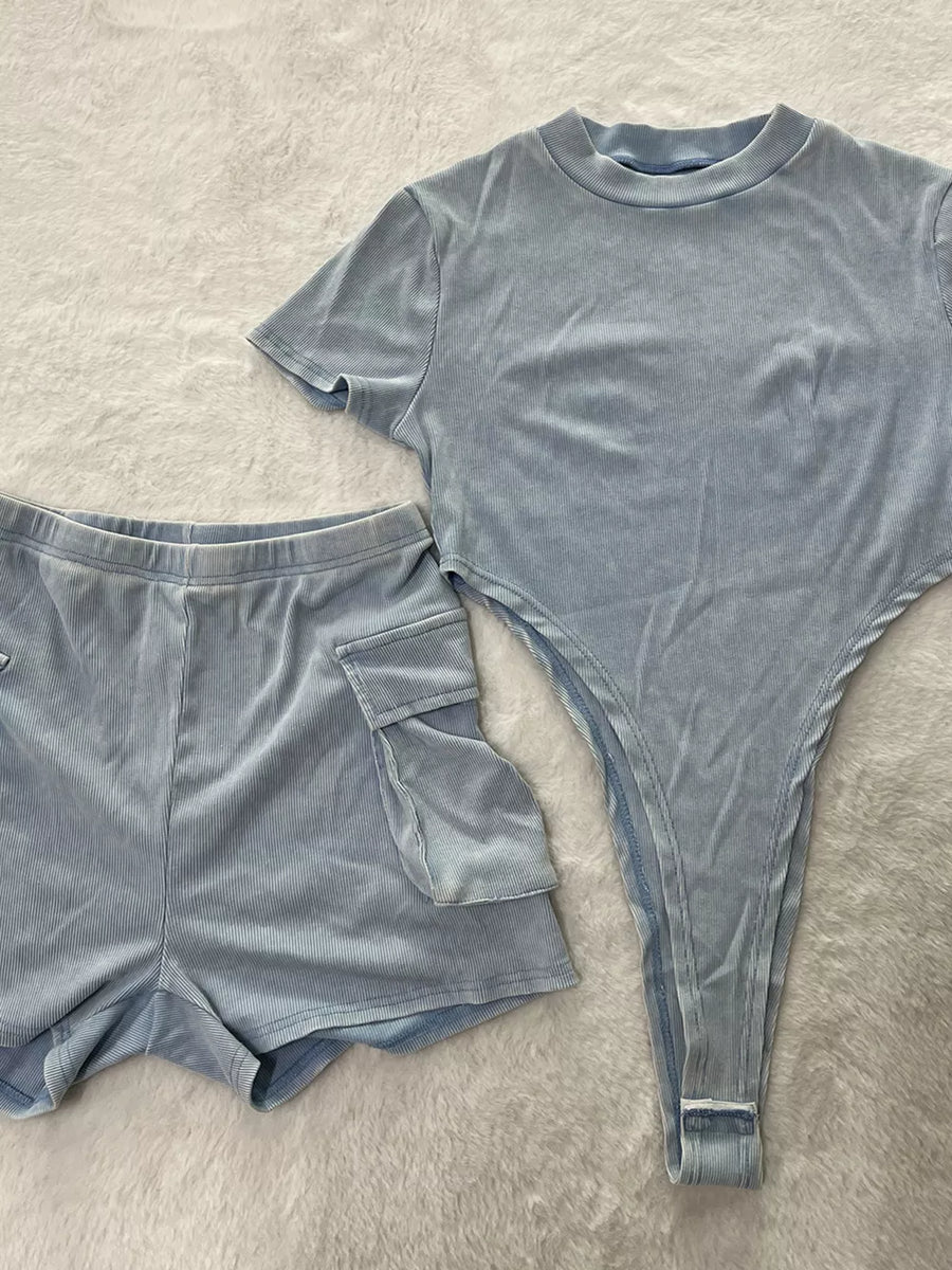 Sky blue ribbed two-piece set with crop top and cargo shorts with pockets