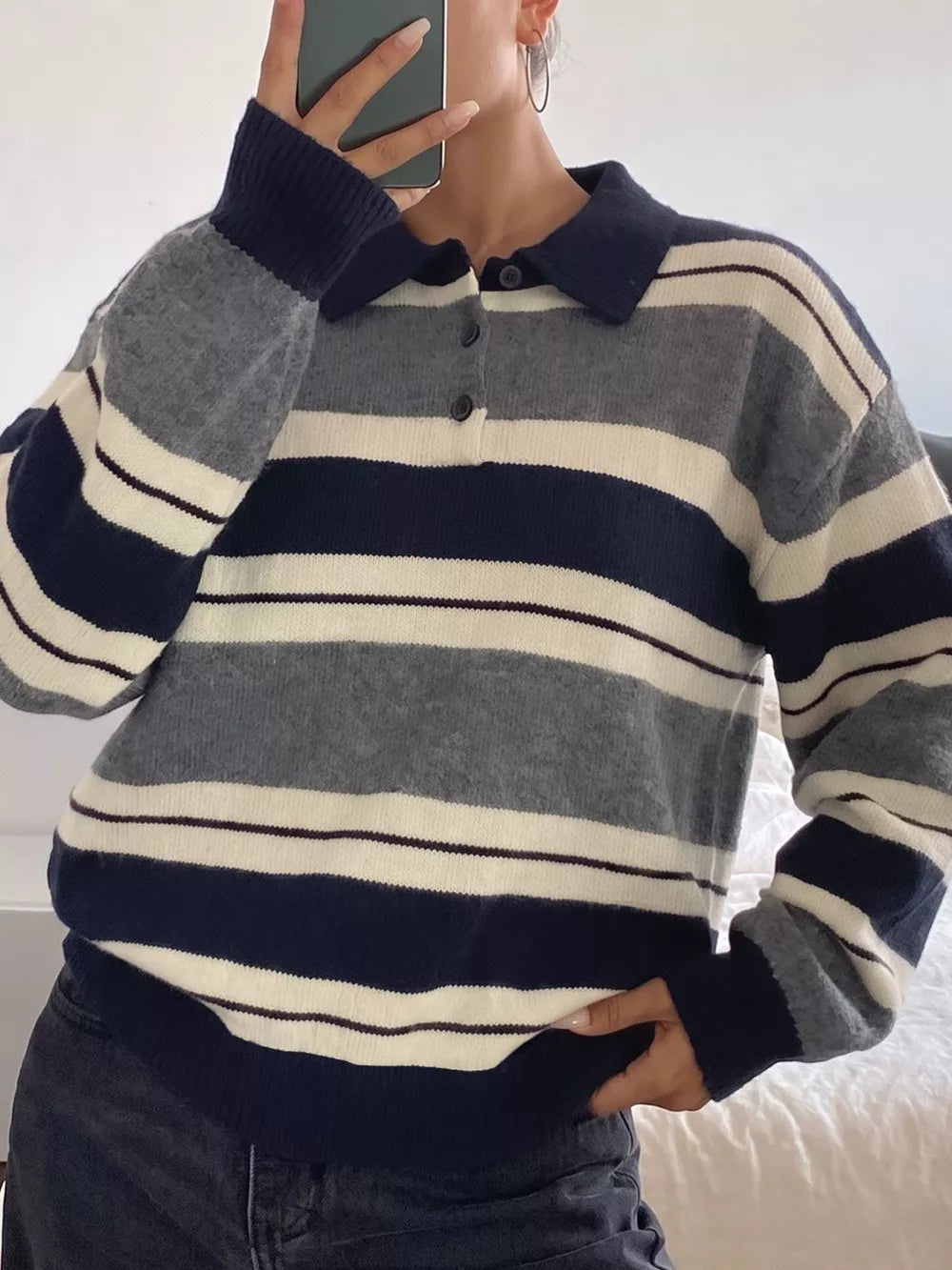 Dark Blue Striped Long Sleeve Button Detail Sweater