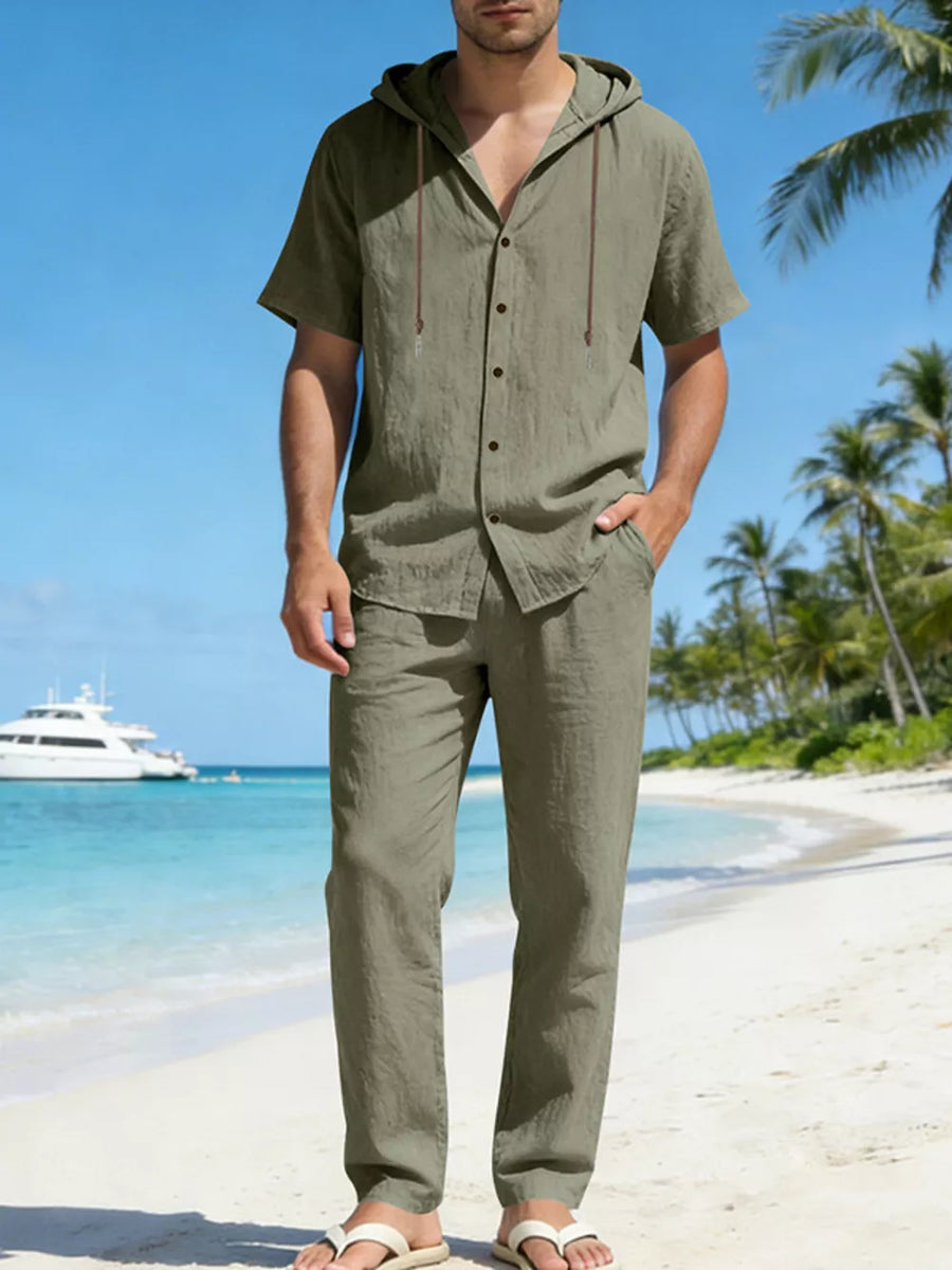 Men's Army Green Linen Blend Hooded Top and Pants Ensemble