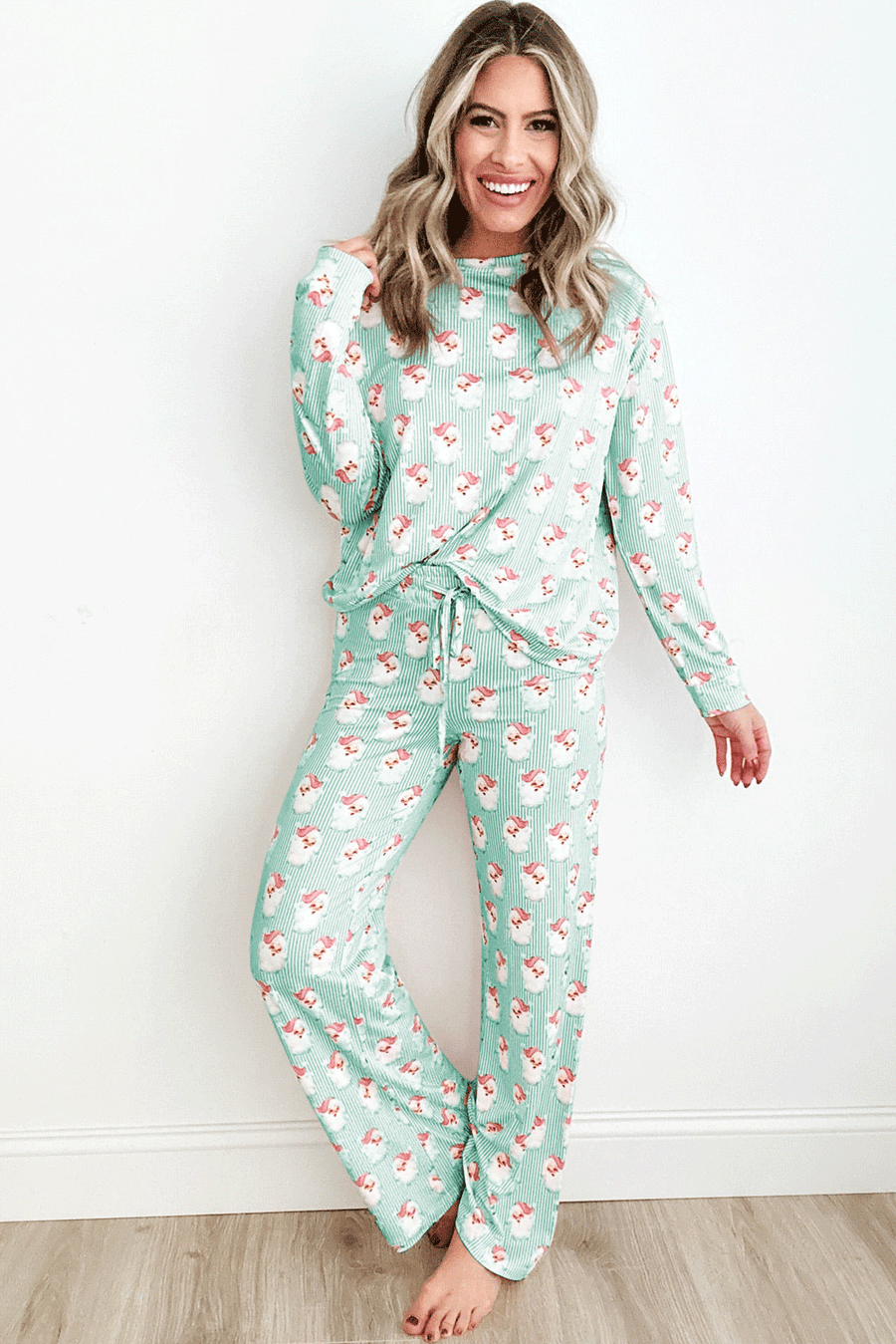 Light Green Santa Stripe Lounge Set with drawstring waist pants and long sleeve top.