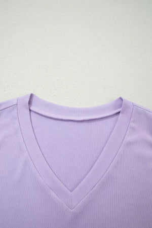 Lavender ribbed V-neck bodice detail of a maxi dress
