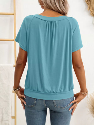 Lake Green ruched V-neck t-shirt with banded hem and short sleeves.