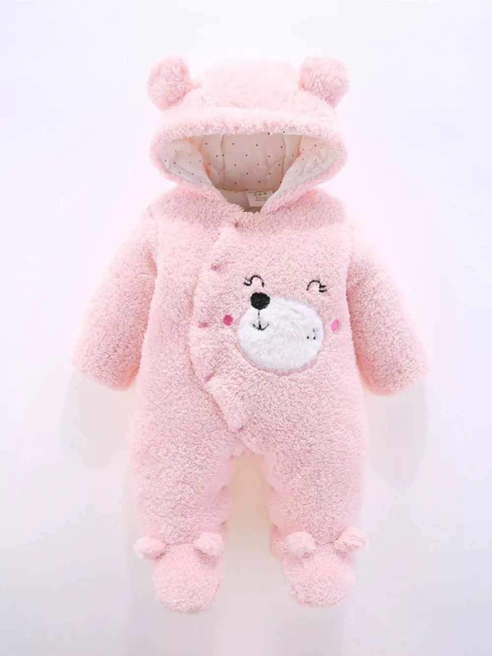 Blush pink hooded one-piece baby snowsuit with bear ears and embroidered bear face.