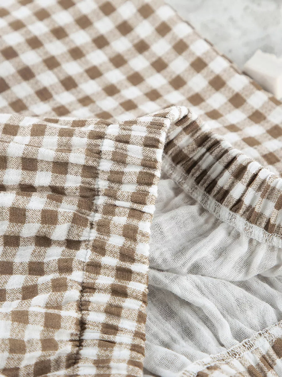 Gingham Ruffle-trim Lounge Pajama Set in Khaki