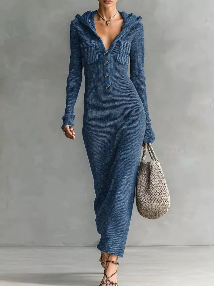 Hooded Knit Maxi Sweater Dress in Black
