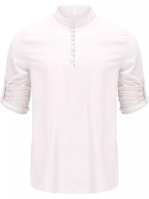 Navy button-up shirt with stretch and rolled sleeve