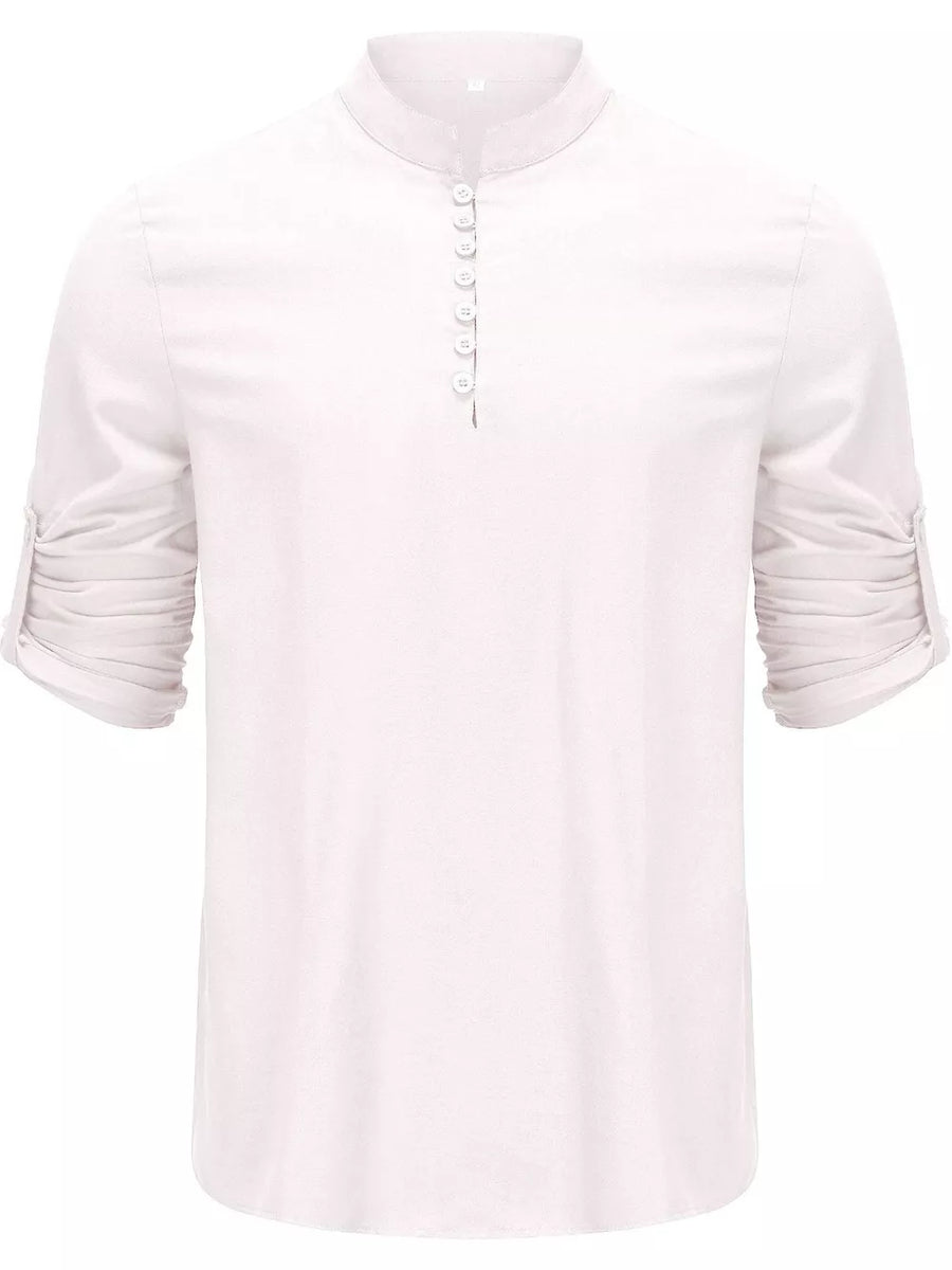 Navy button-up shirt with stretch and rolled sleeve