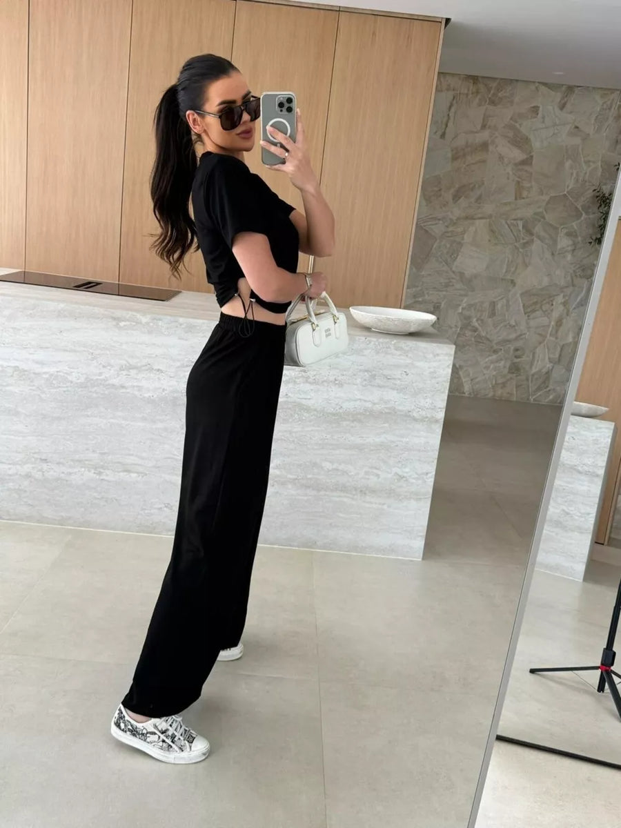 Black crop top and wide-leg pants set with adjustable drawstring detail