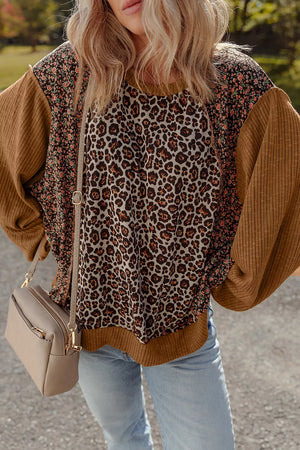 Brown with Leopard Floral Print Ribbed Puff Sleeve Sweatshirt in Brown