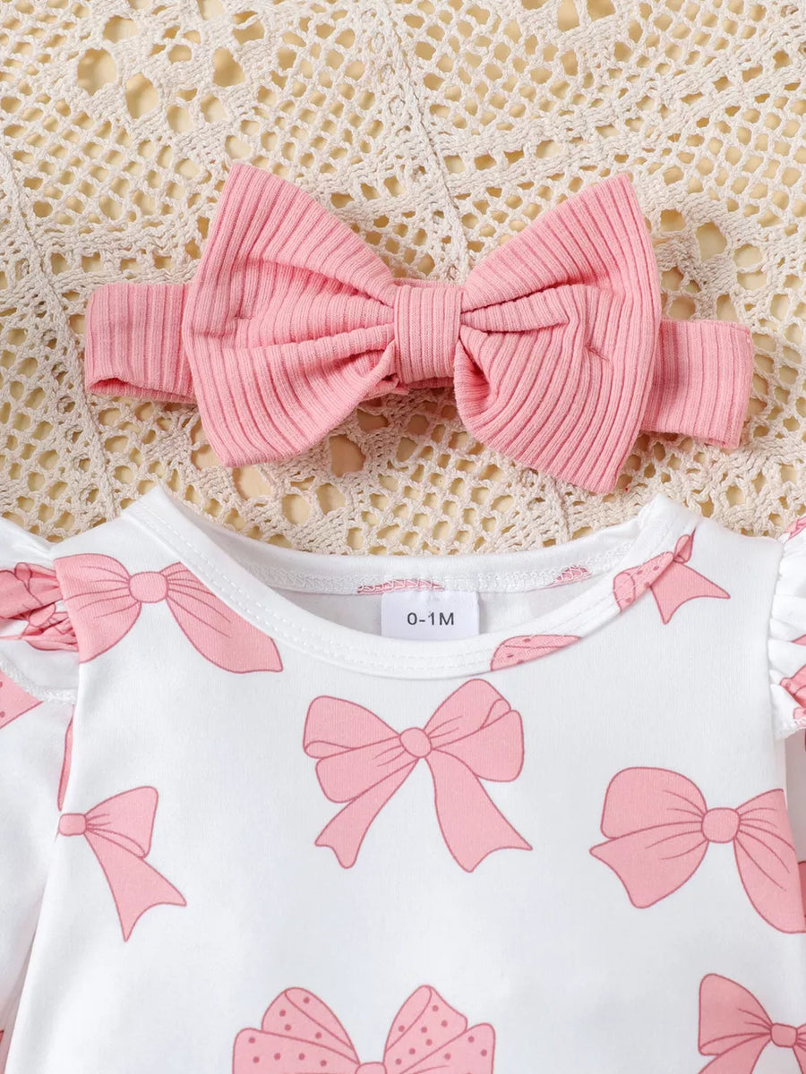 Children's Bow Print Bodysuit And Pants Set in Pink