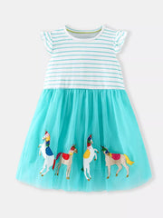 Aqua tulle dress with striped top and embroidered unicorns on skirt