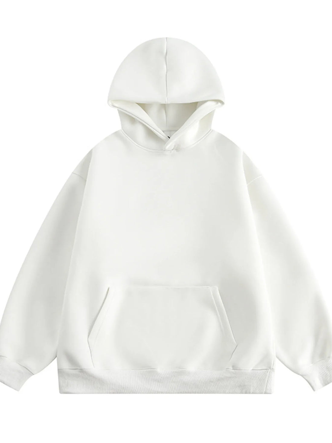 White long-sleeve hoodie with kangaroo pocket and drawstring hood.