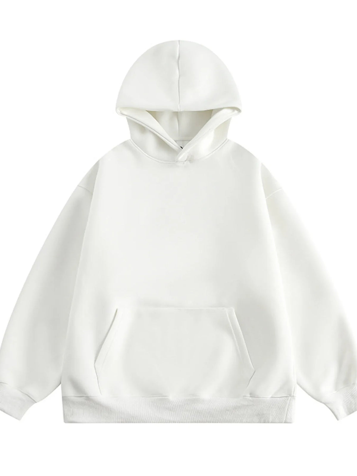 White long-sleeve hoodie with kangaroo pocket and drawstring hood.