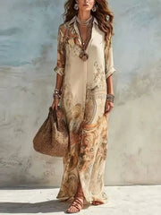 cream shirt dress with ornate print and collared