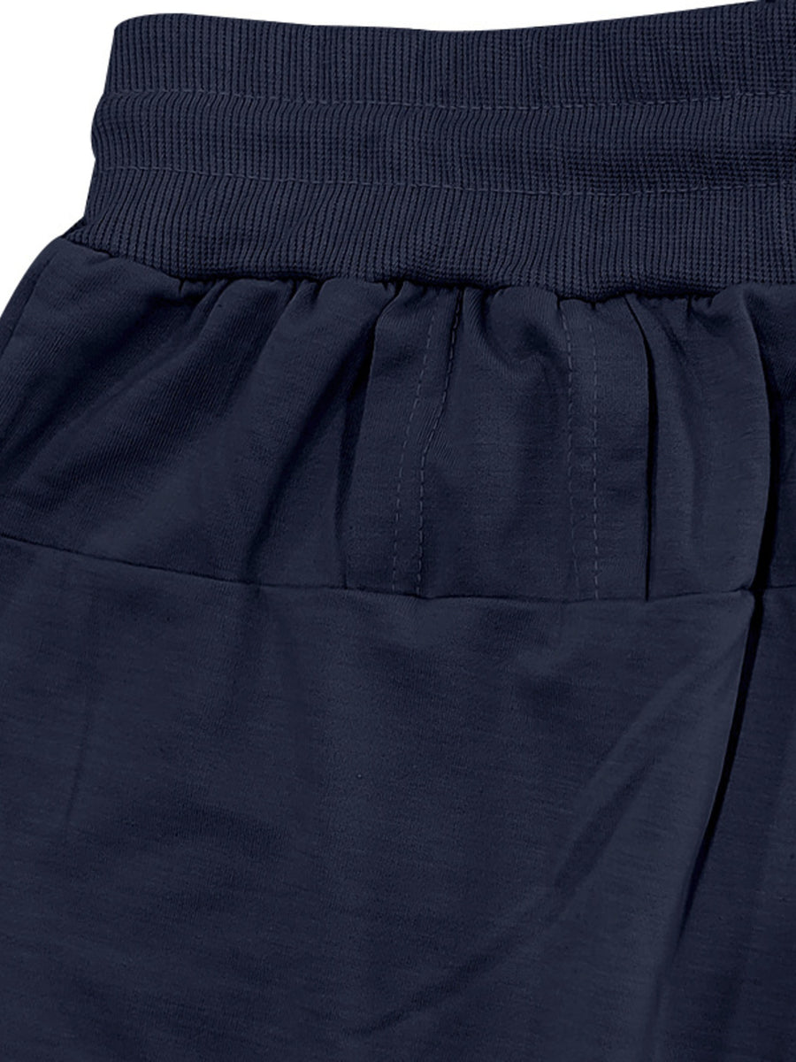 Navy blue chino shorts with drawstring waist and ribbed waistband detail.