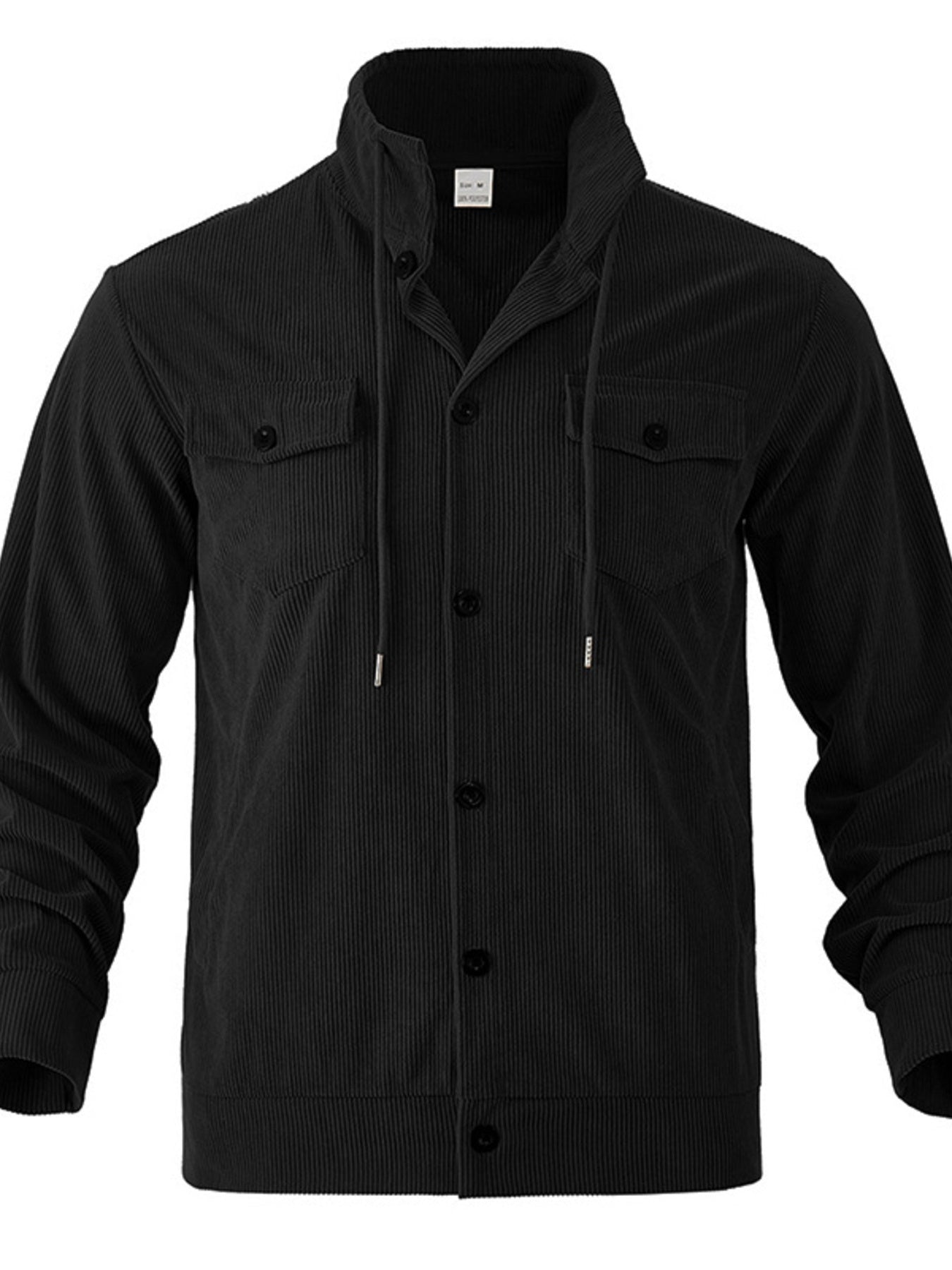 Black corduroy shirt jacket with drawstring hood, button front, and chest pockets.