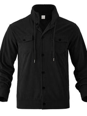 Black corduroy shirt jacket with drawstring hood, button front, and chest pockets.