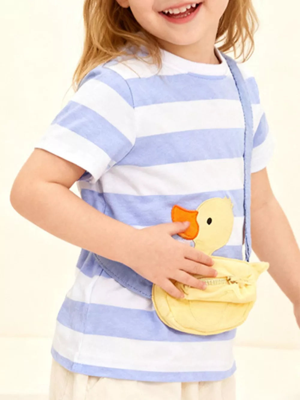 Baby t-shirt with blue and white stripes and a yellow duck applique.