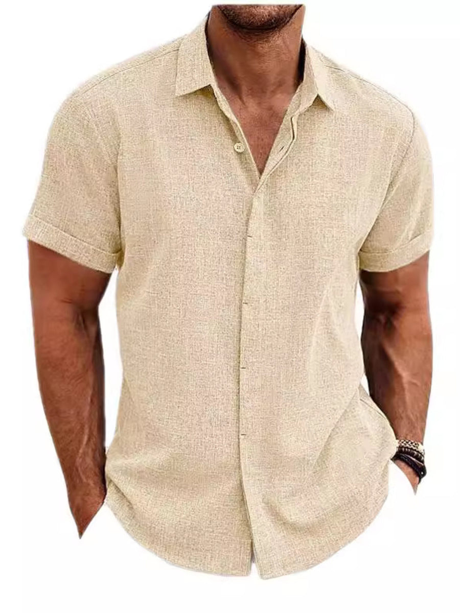 Men's Khaki short sleeve button-down shirt with textured fabric.