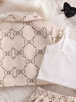 outfit set in Khaki Color with bow-print and buttoned