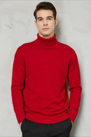 Men's red turtleneck sweater with long sleeves and ribbed cuffs.