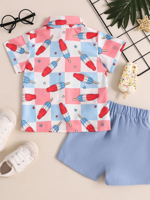 Toddler boys' outfit set with popsicle print short sleeve shirt and sky blue shorts
