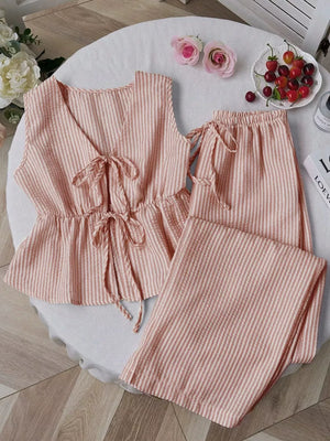 Striped Tie-front Sleeveless Top And Pants Set in Pink