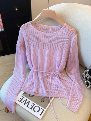 Long Sleeve Knit Top With Tie Detail in Pink Purple