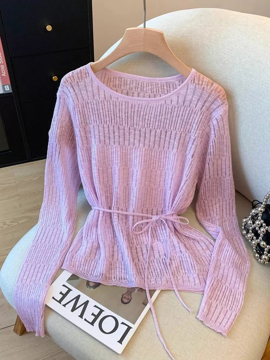 Long Sleeve Knit Top With Tie Detail in Pink Purple