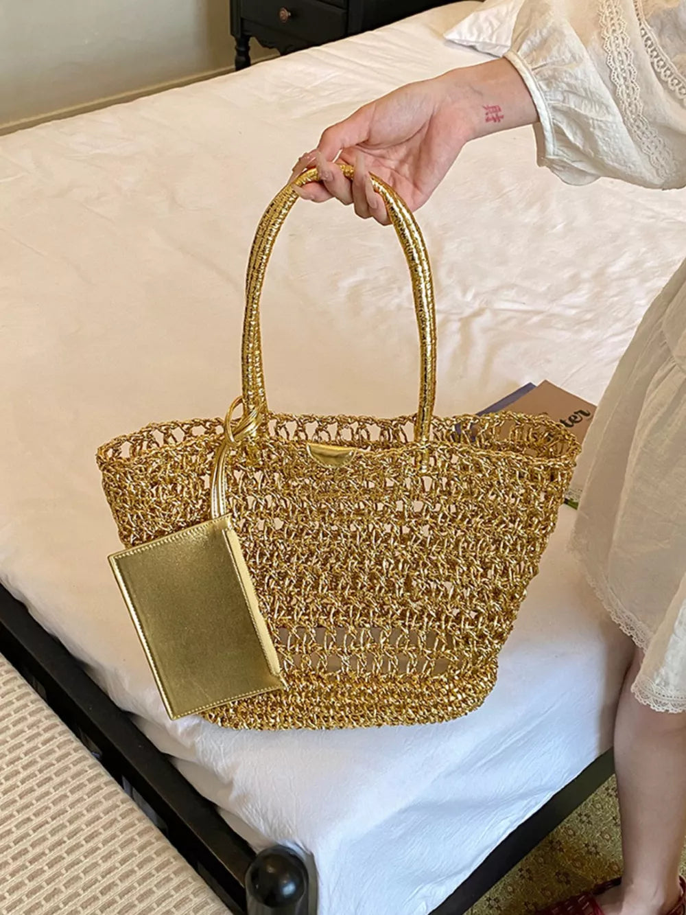 gold tote with double top handles and not applicable