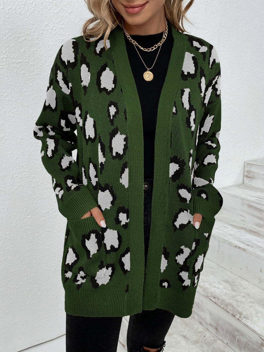 Army green knit open-front cardigan with black and white leopard print and pockets.