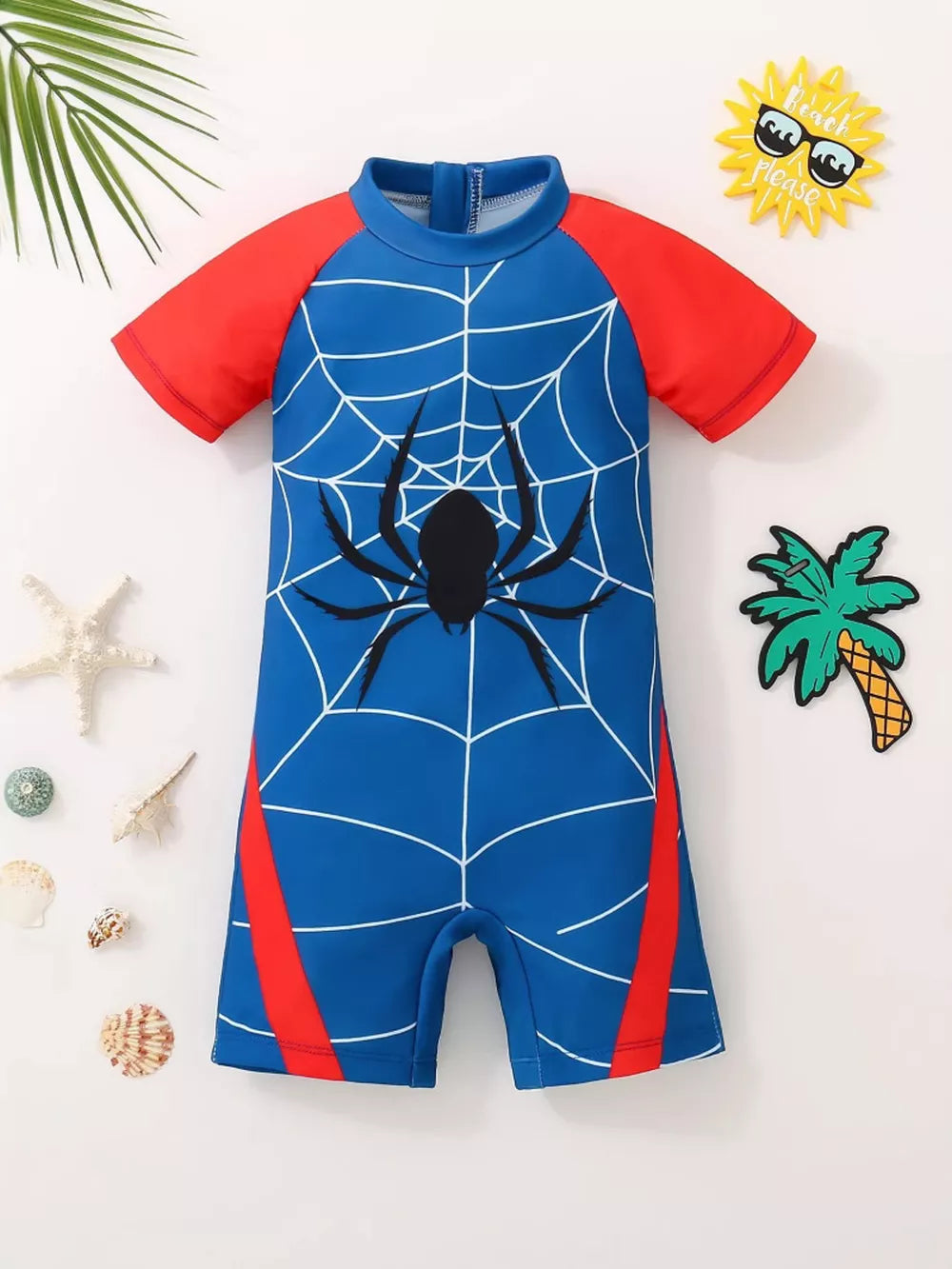 Toddler one-piece swimsuit in sapphire blue with red sleeves and Spider-Man web design.