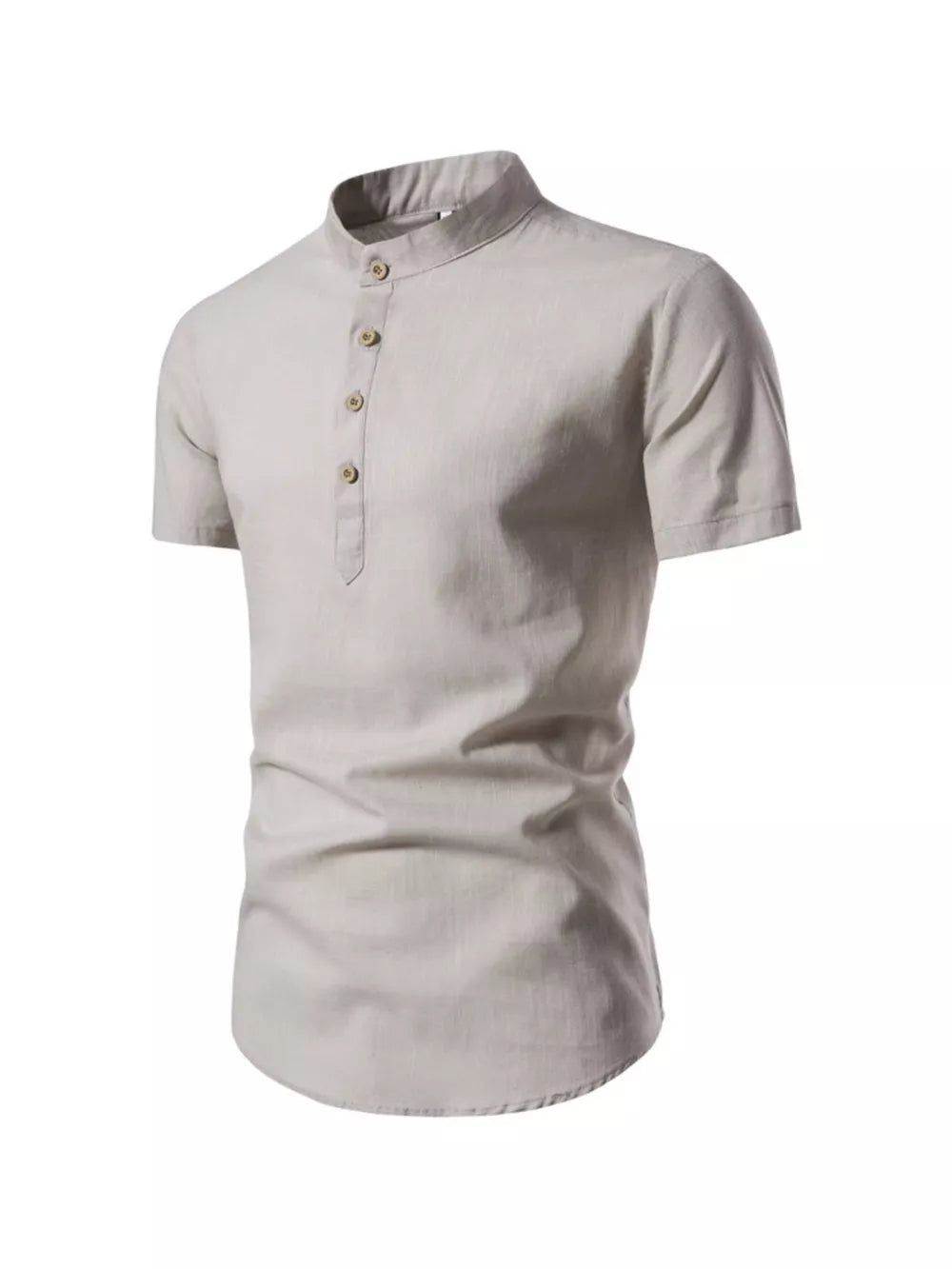 Men's grey cotton short sleeve mandarin collar shirt with button placket and curved hem.