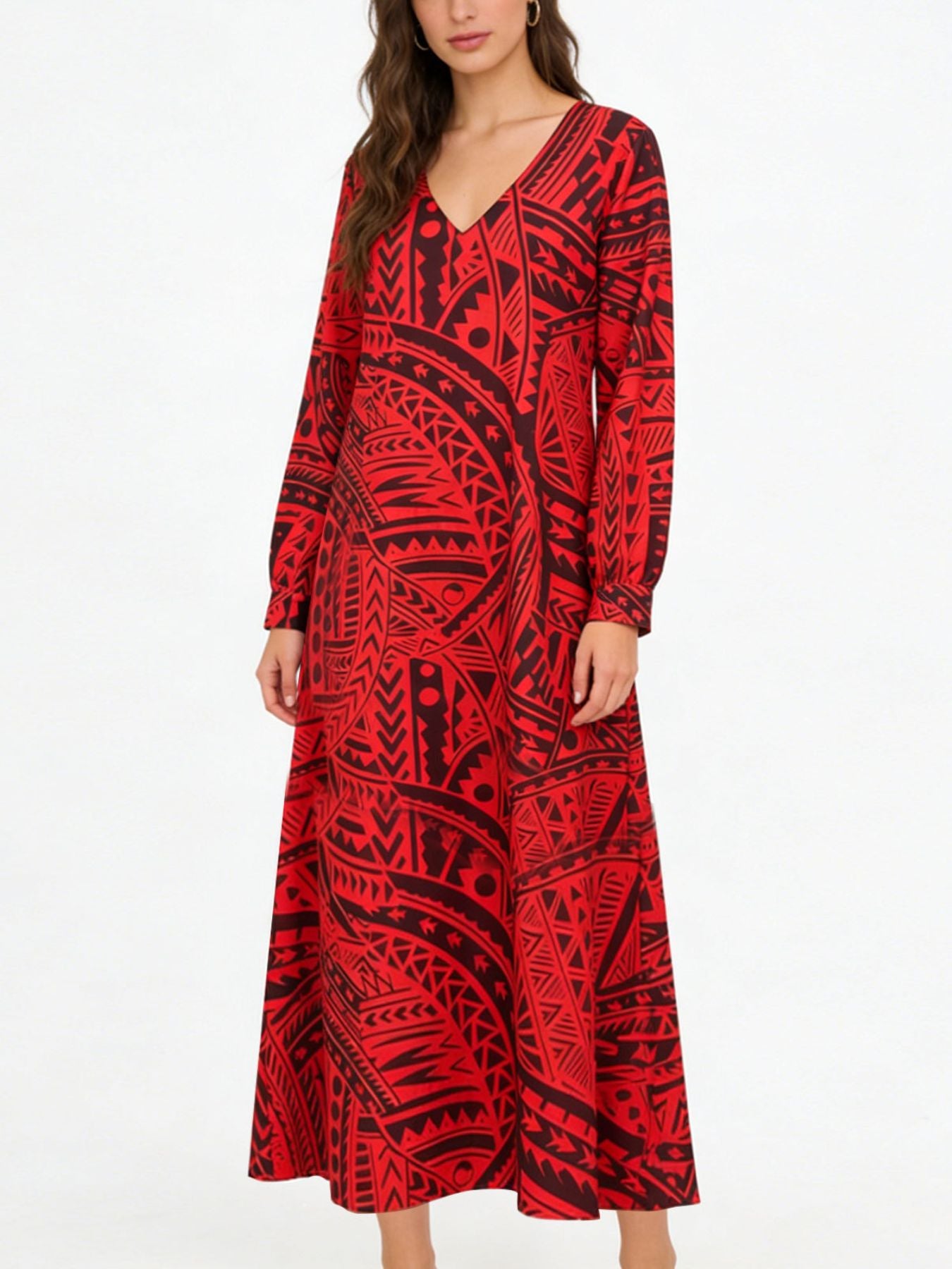 Red tribal print maxi dress with V-neck and long sleeves.