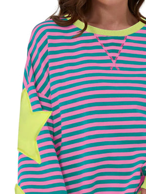 teal green sweatshirt featuring seam detail and striped