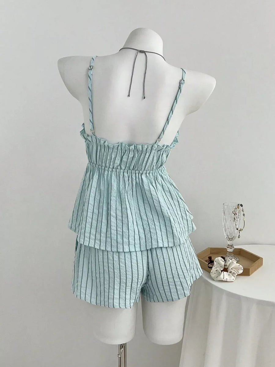 Tie Front Striped Cami And Shorts Set option 5