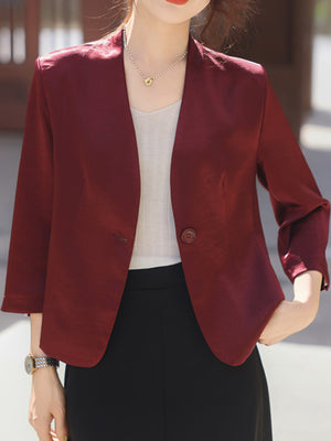 burgundy blazer with hip-length and button-front
