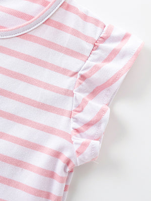 Toddler pink and white striped cotton dress with ruffled cap sleeves.