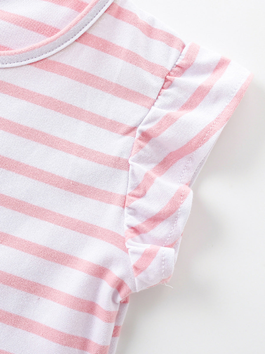 Toddler pink and white striped cotton dress with ruffled cap sleeves.