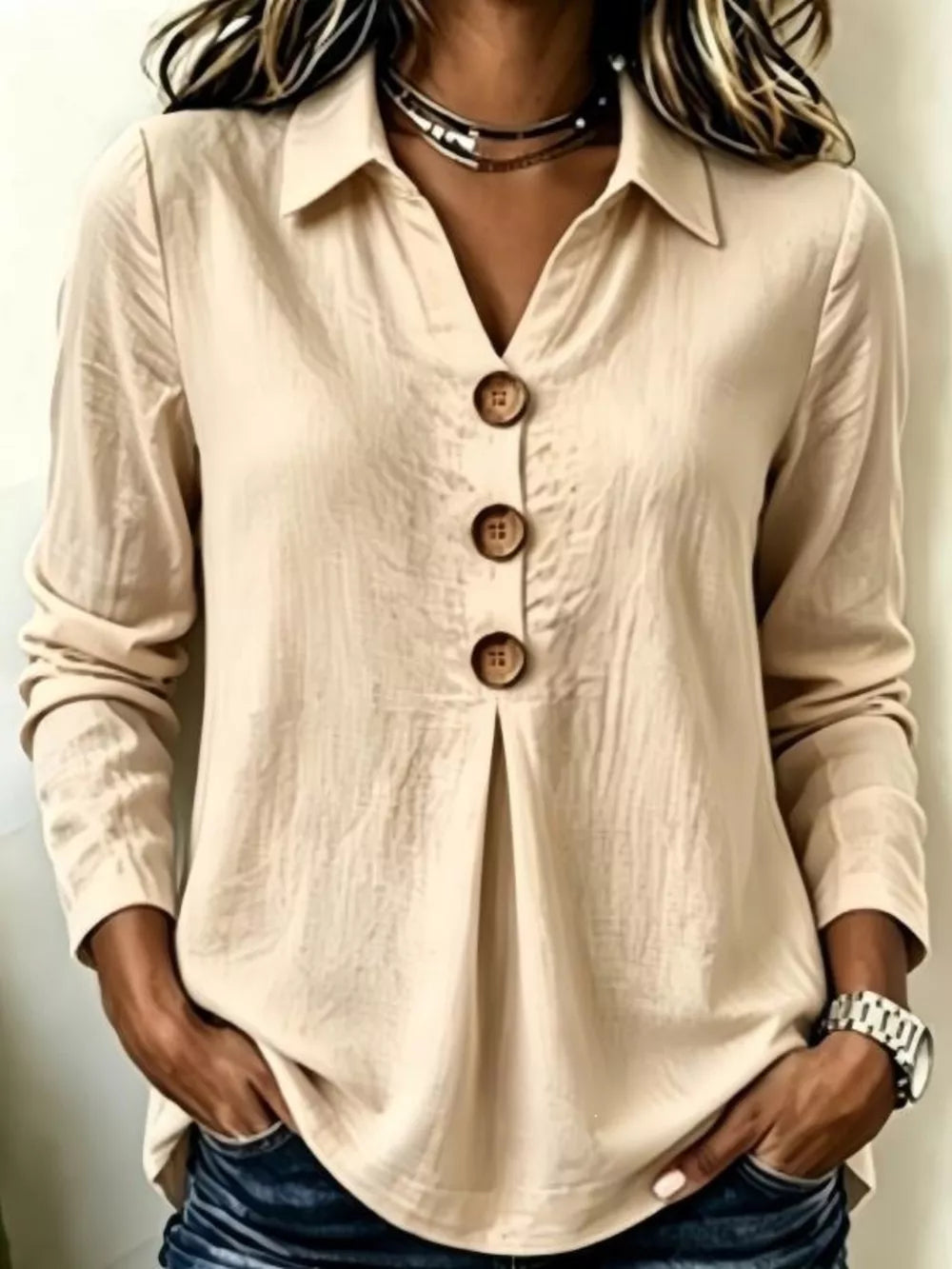 Light Blue Button Detail Long Sleeve Blouse