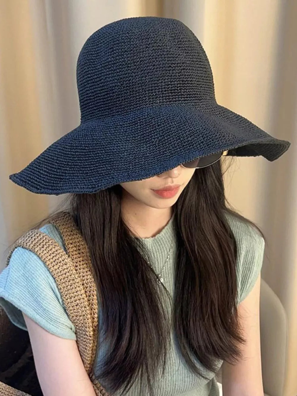 Beige Wide Brim Cotton Sun Hat