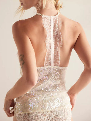 White lace trim halter cami with iridescent sequins and lace hem.