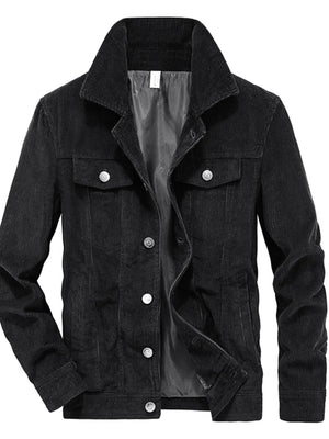 Black corduroy button-down jacket with chest pockets and silver buttons