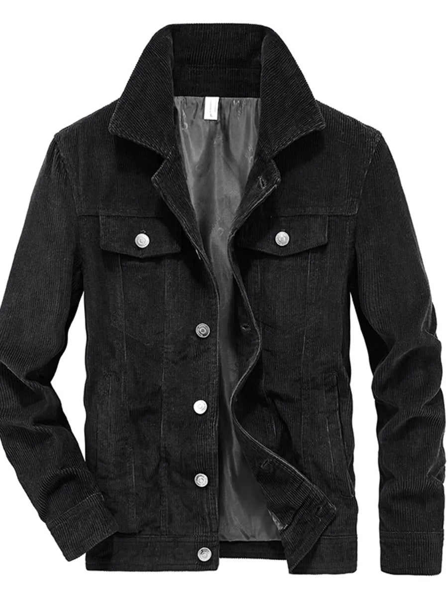 Black corduroy button-down jacket with chest pockets and silver buttons
