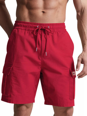 Deep red cargo shorts with adjustable drawstring waist and side cargo pockets.