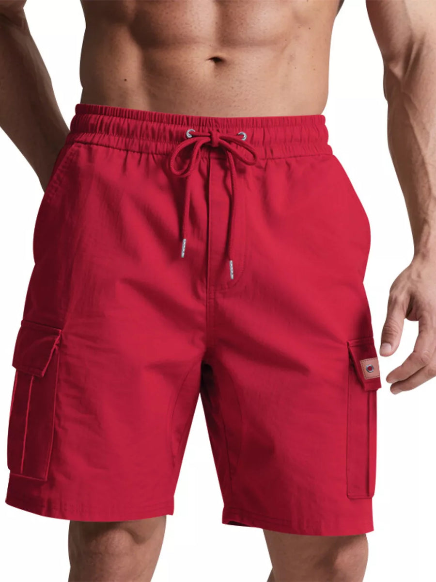 Deep red cargo shorts with adjustable drawstring waist and side cargo pockets.