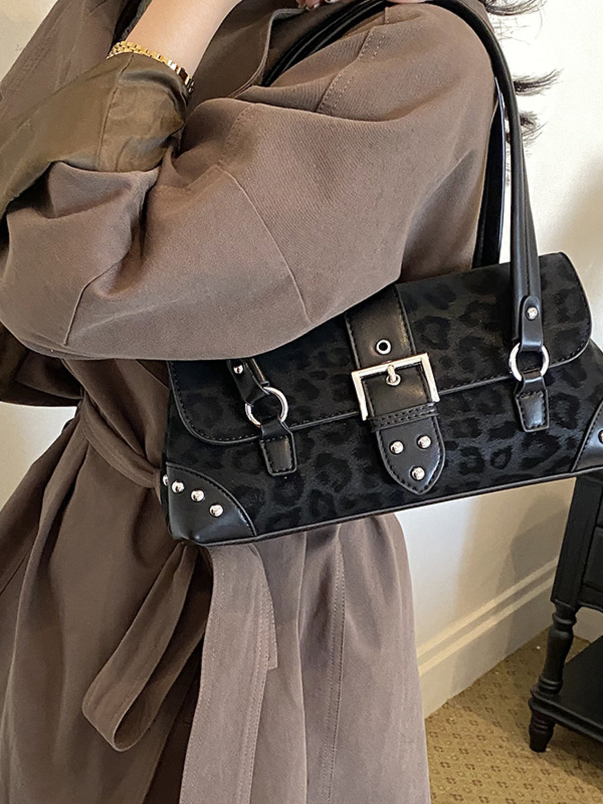 black PU Leather Imported Size &amp shoulder bag with leopard and snap